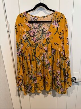 Free People Mustard Floral V-Neck Tunic